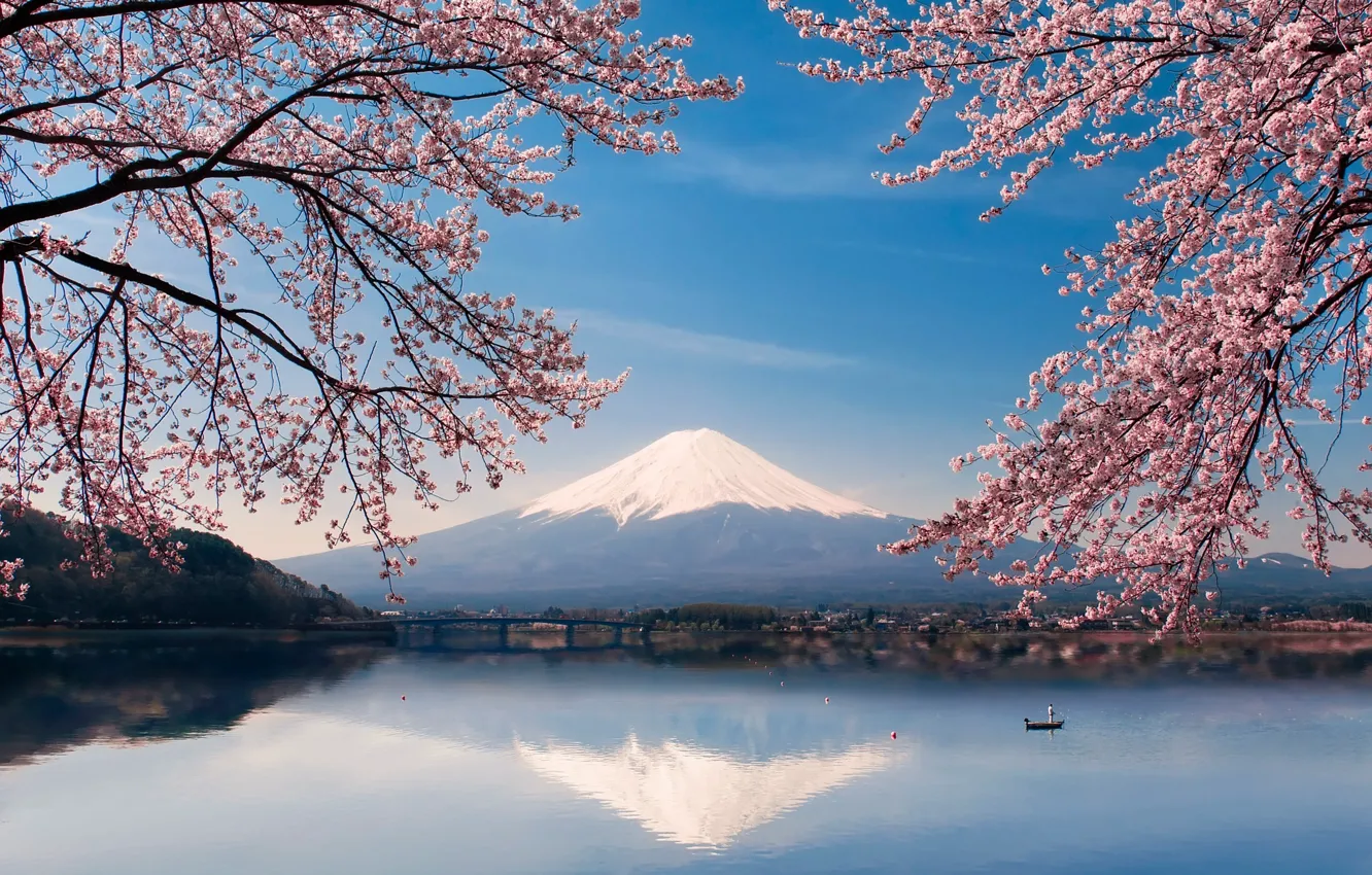 Photo wallpaper water, flowers, lake, boat, spring, Japan, Sakura, mount Fuji