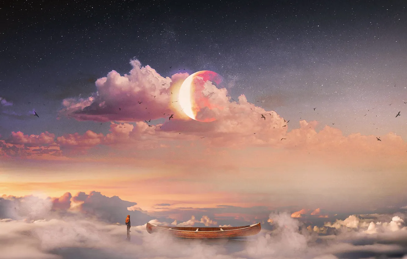 Photo wallpaper The sky, Clouds, Stars, The moon, People, Boat, Birds, Fantasy