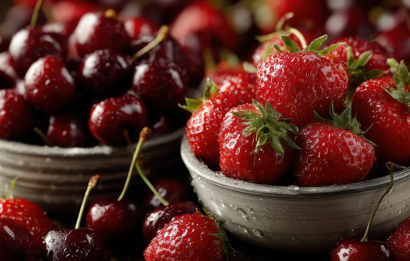 Photo wallpaper cherry, berries, harvest, strawberry, bowl, cherry, bowl, AI art