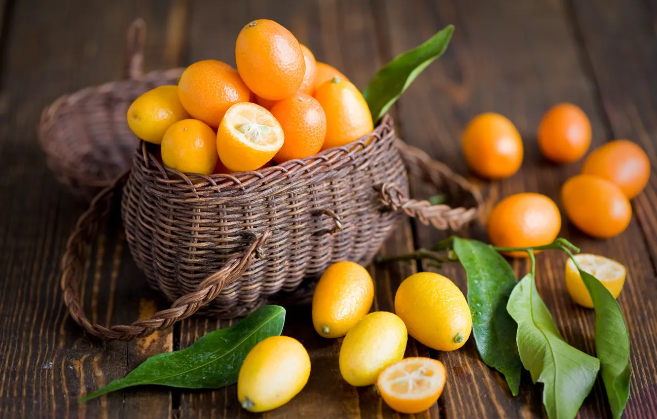 Photo wallpaper leaves, fruit, orange, basket, citrus, Anna Verdina, kumquat