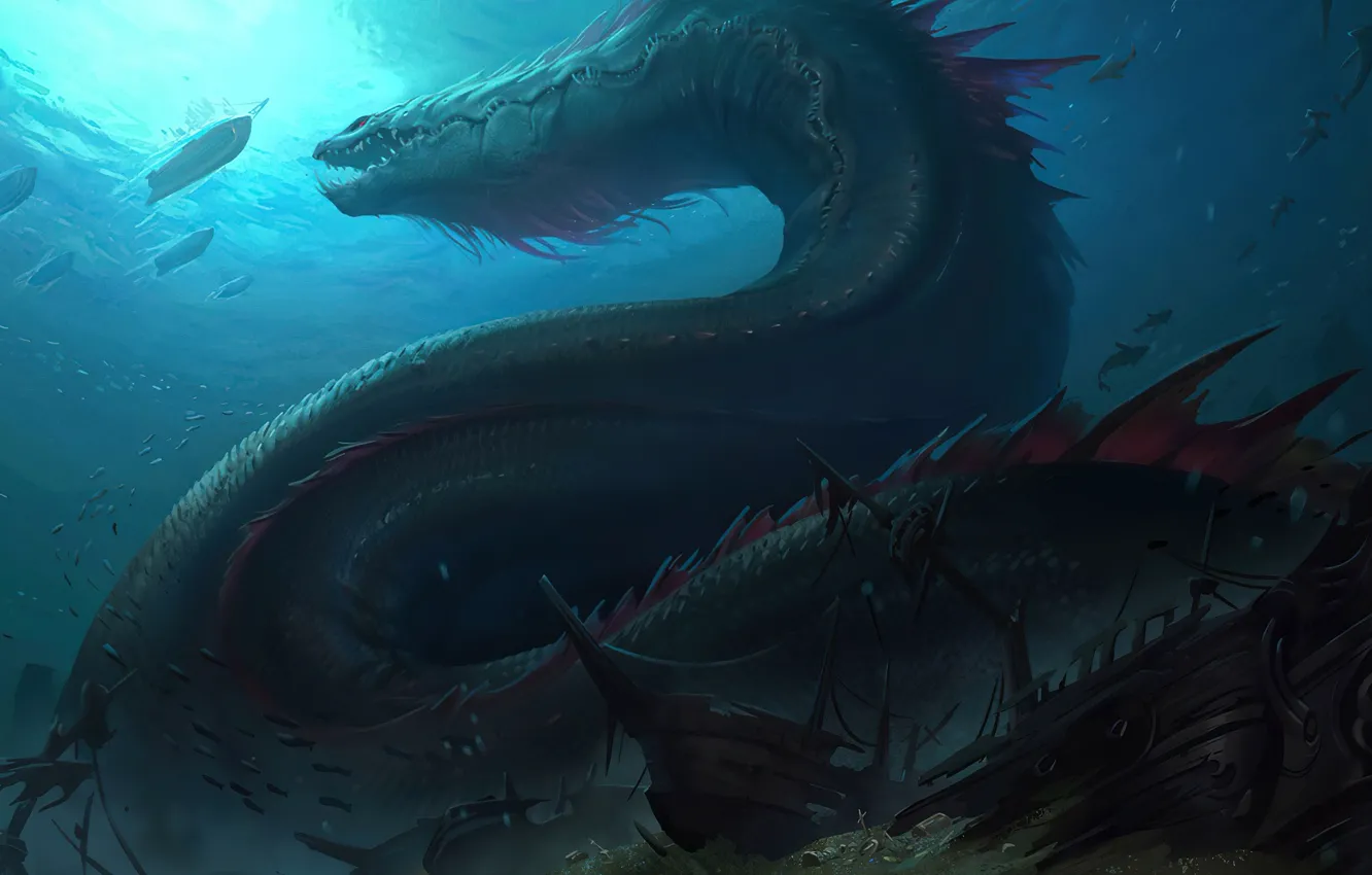 Photo wallpaper dragon, ship, treasures, the bottom of the sea, Legends of Runeterra