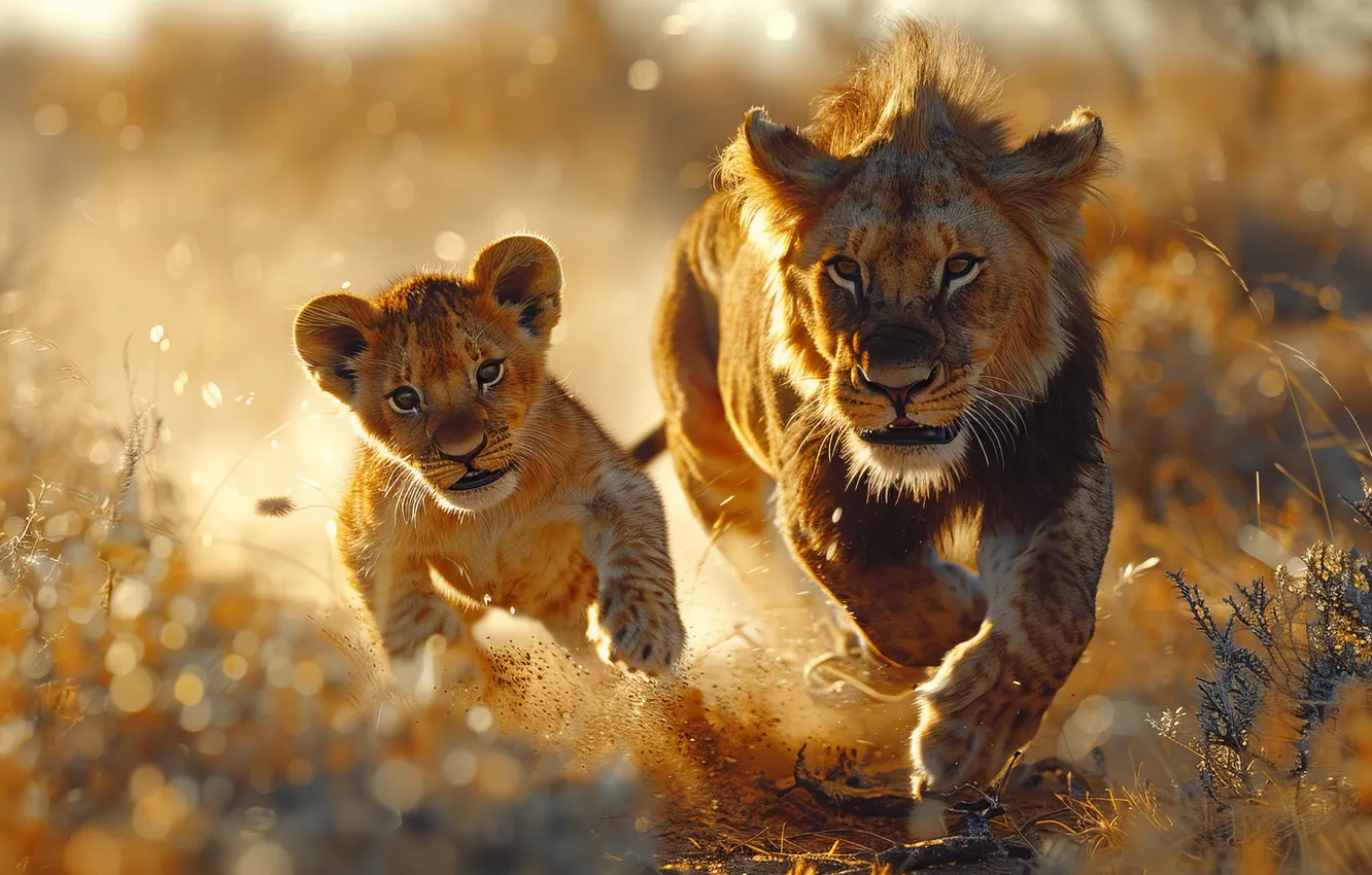 Photo wallpaper grass, look, predator, Leo, running, cub, kitty, two