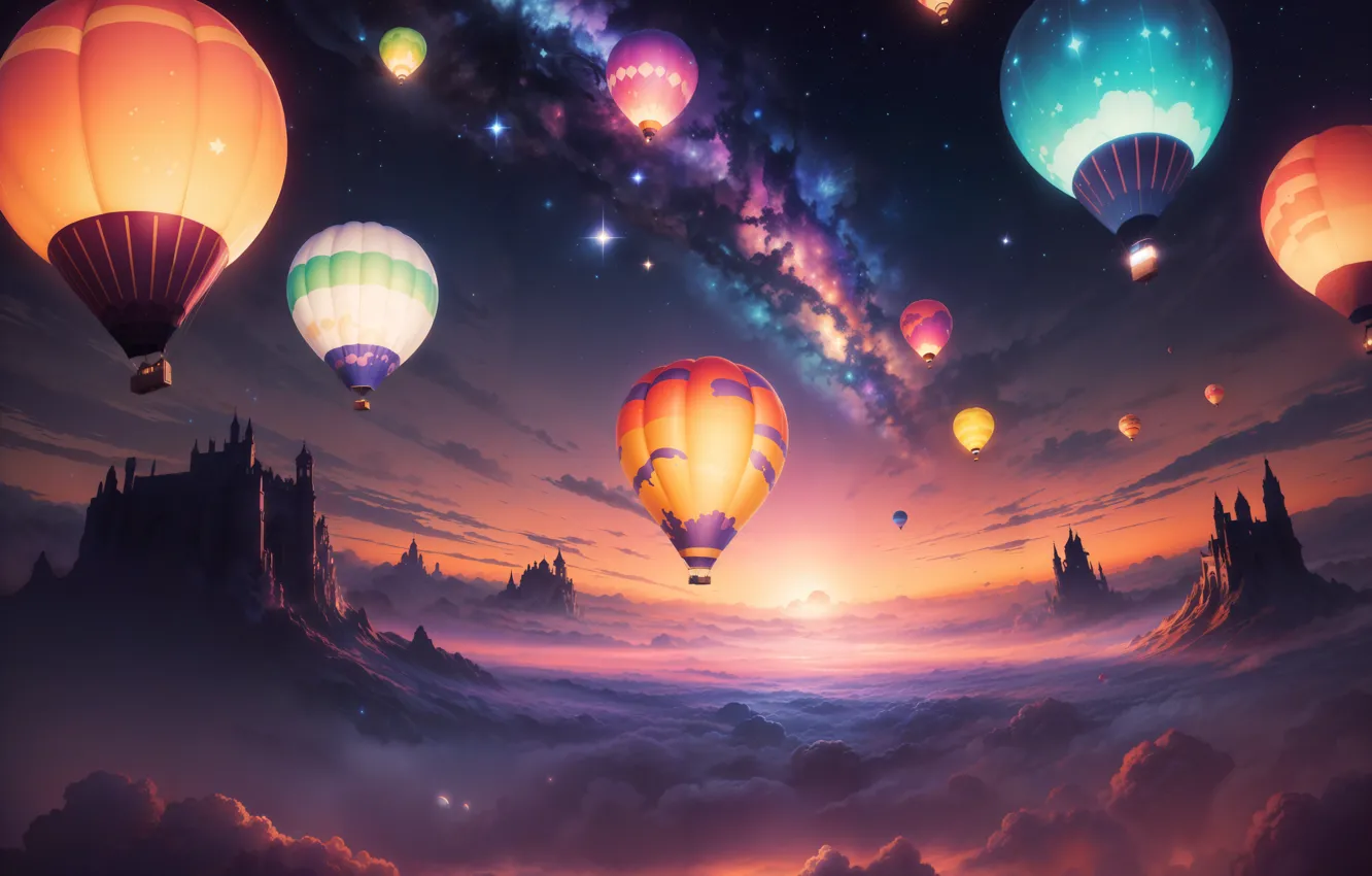 Photo wallpaper stars, clouds, mountains, night, balloons, rocks, holiday, galaxy