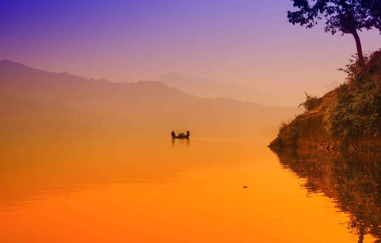 Photo wallpaper fog, lake, dawn, boat, morning, Begnas