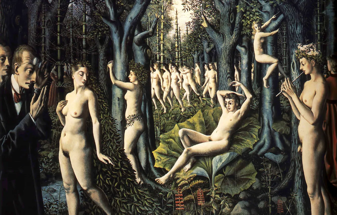 Photo wallpaper Trees, Forest, People, Picture, Naked, Paul Delvaux, Belgian artist, Awakening of the Forest