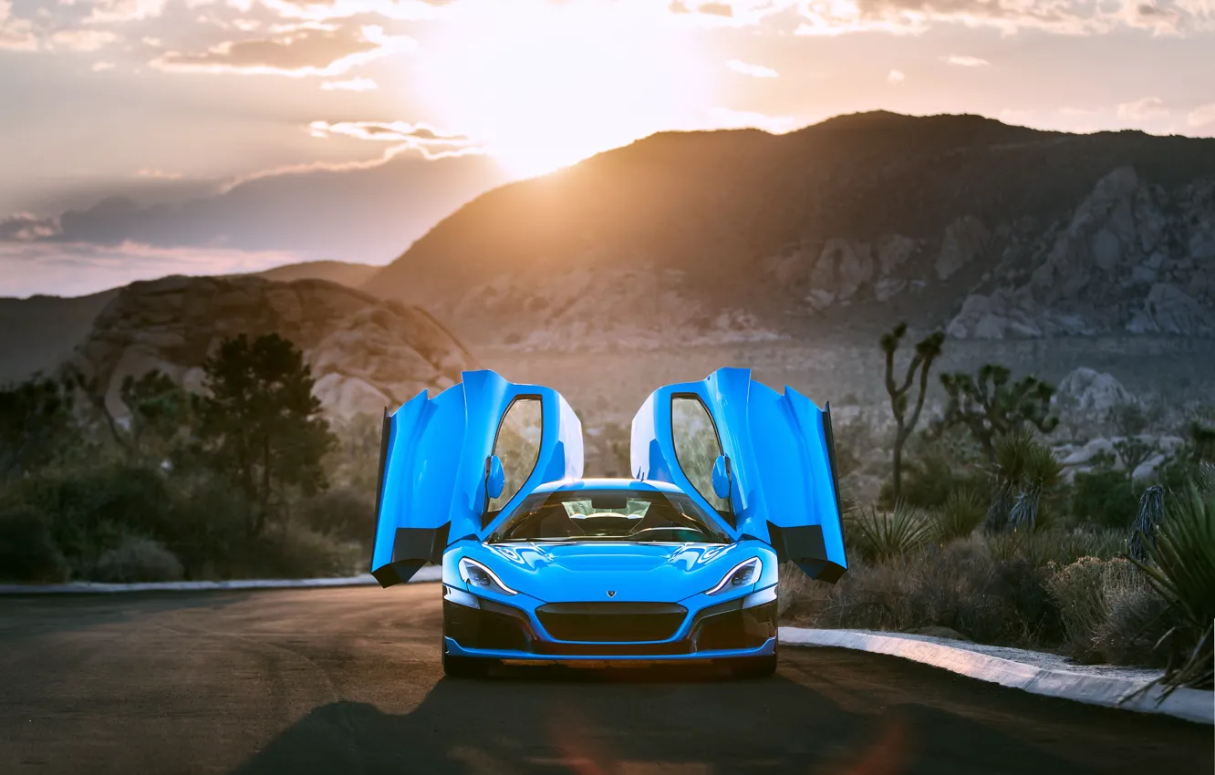 Photo wallpaper sunset, supercar, front view, 2018, Rimac, electric car, C-Two, California Edition