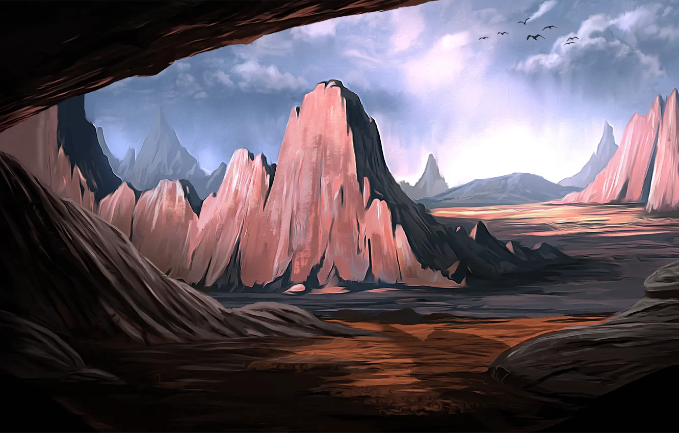 Photo wallpaper clouds, mountains, bird, figure, valley