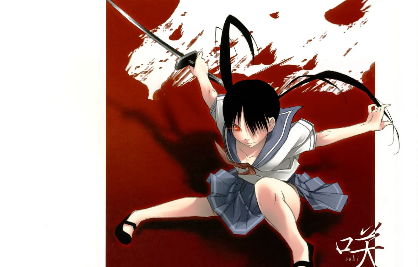 Photo wallpaper katana, schoolgirl, red eyes, black hair, blood, cool, Moe-tan, combat readiness