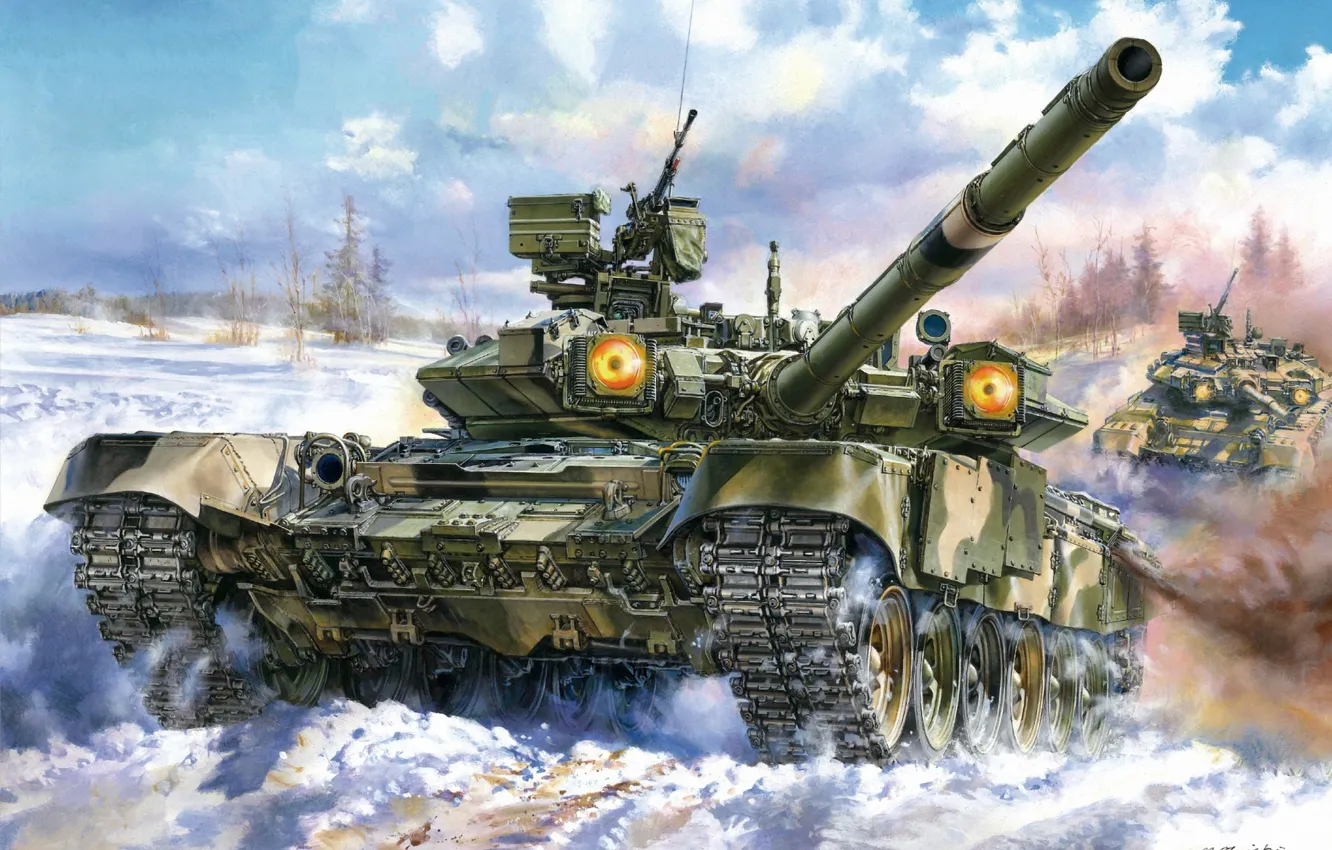 Photo wallpaper Winter, Snow, Russia, Tank, T-90, MBT