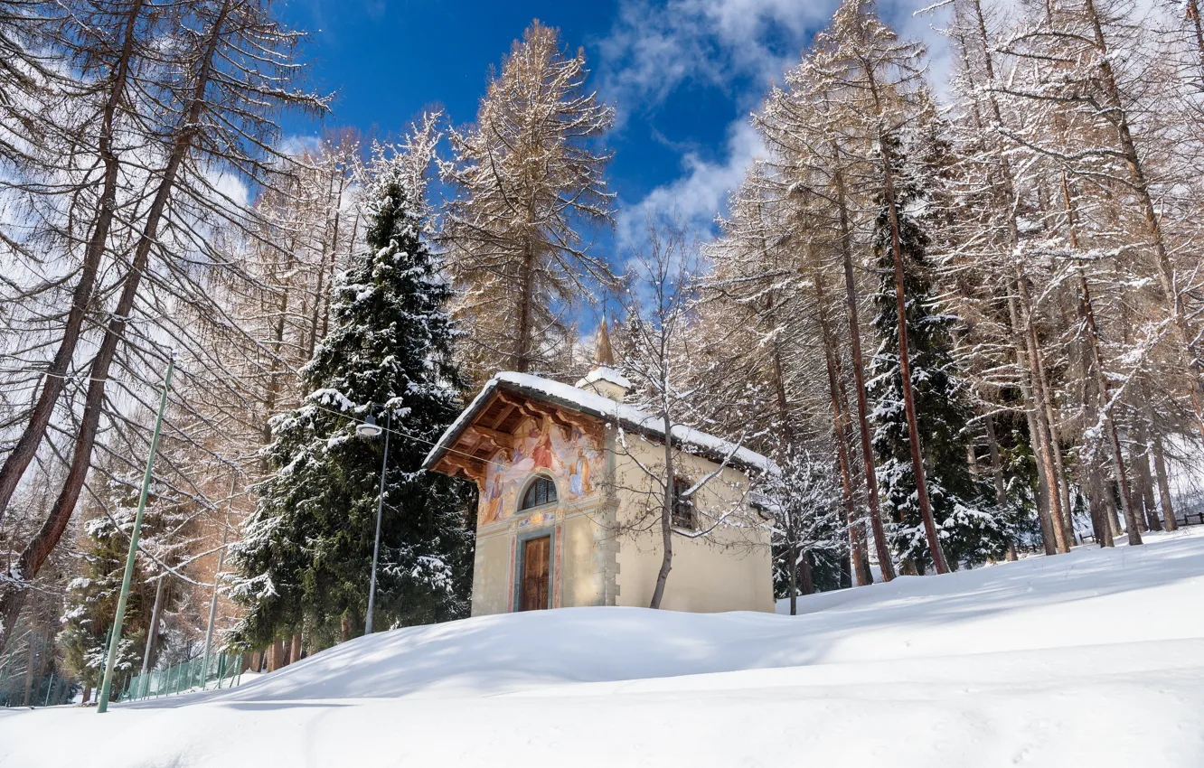 Photo wallpaper winter, slope, Italy, chapel, Valle d'aosta
