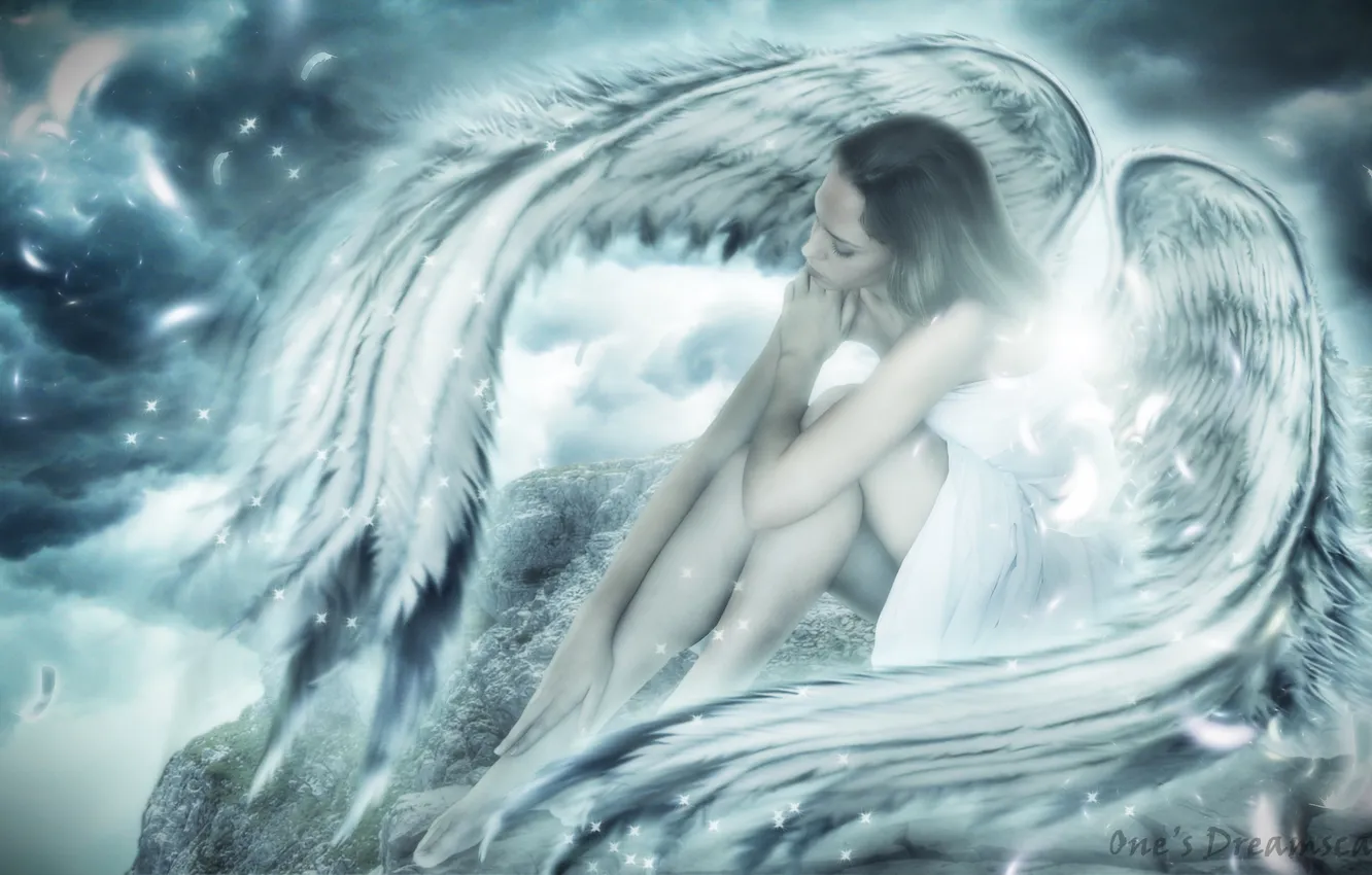 Photo wallpaper the sky, girl, clouds, fiction, wings, angel, feathers, art