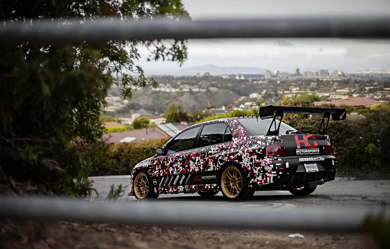 Photo wallpaper trees, slope, red, white, wheels, gold, drives, black