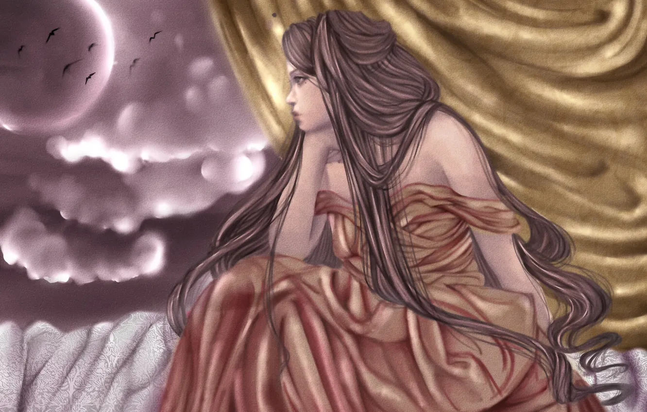 Photo wallpaper the sky, look, girl, reverie, face, bird, profile, painting