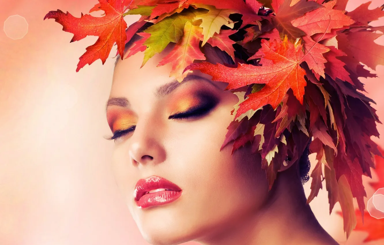 Photo wallpaper autumn, leaves, girl, face, makeup, wreath