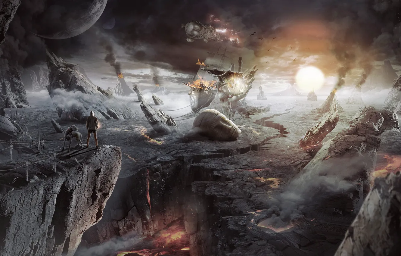 Photo wallpaper smoke, people, ship, planet, dog, head, lava, fireland