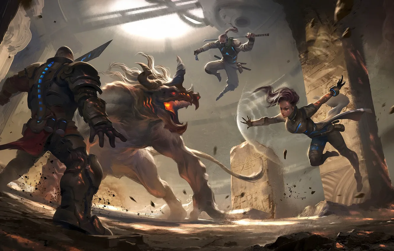 Photo wallpaper Girl, Being, People, Battle, Battle, Men, Another world