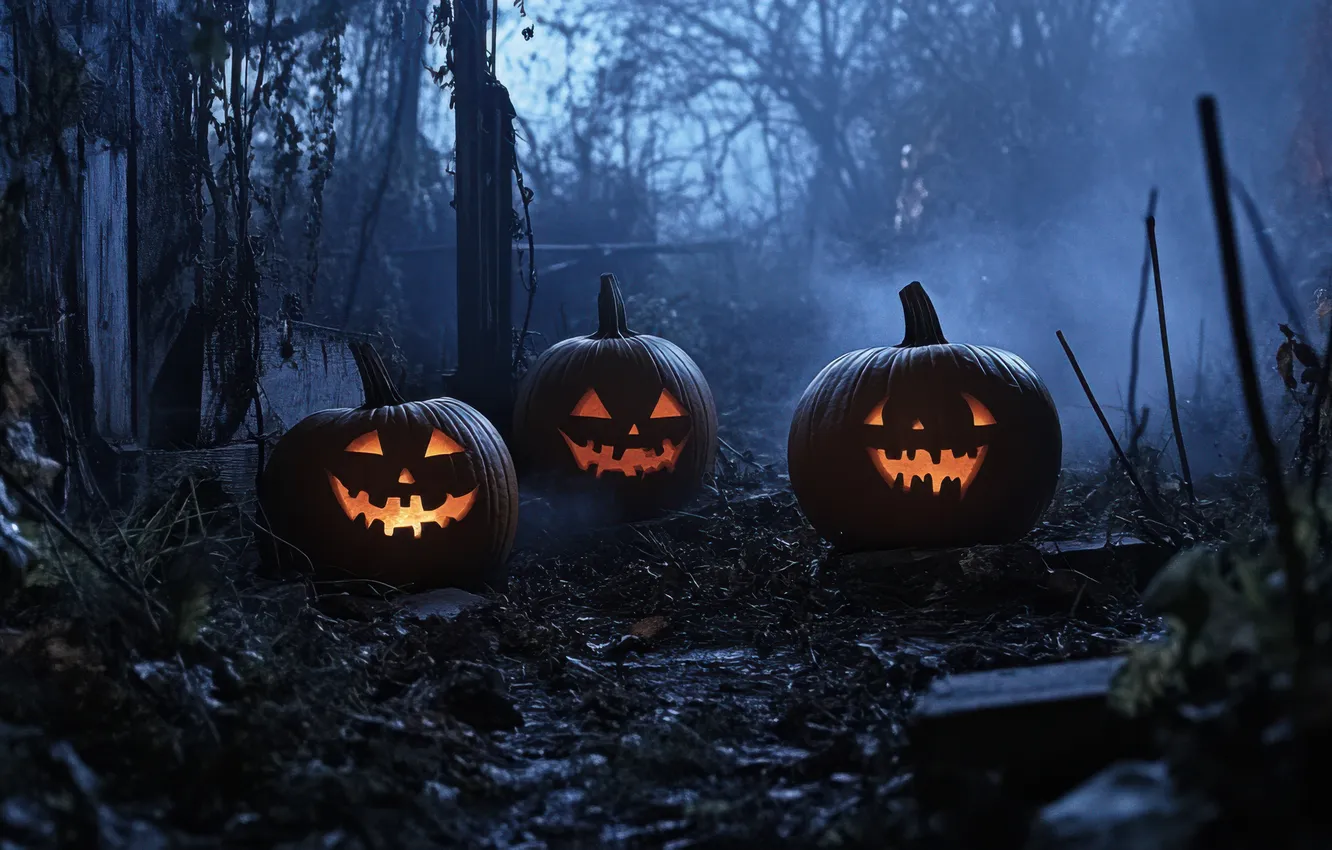 Photo wallpaper trees, the evening, Halloween, pumpkin, Halloween, horror, digital art, creepy