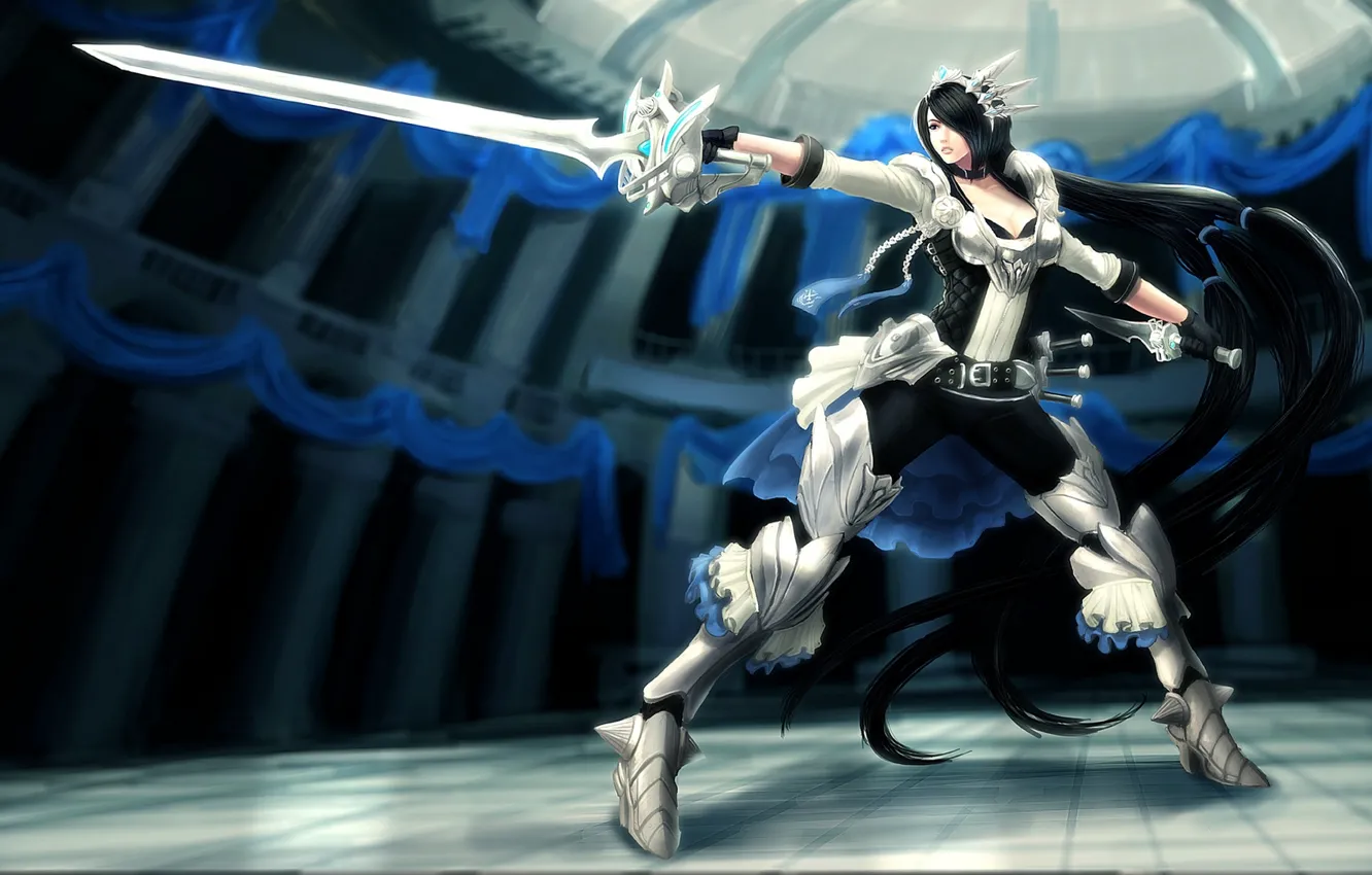 Photo wallpaper girl, weapons, sword, armor, stand, league of legends