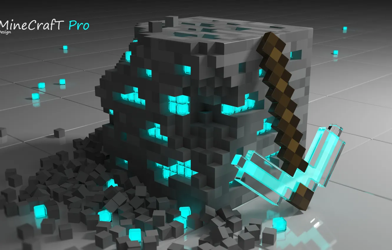 Photo wallpaper minecraft, Diamond Pickaxe, excellent cube, true diamond