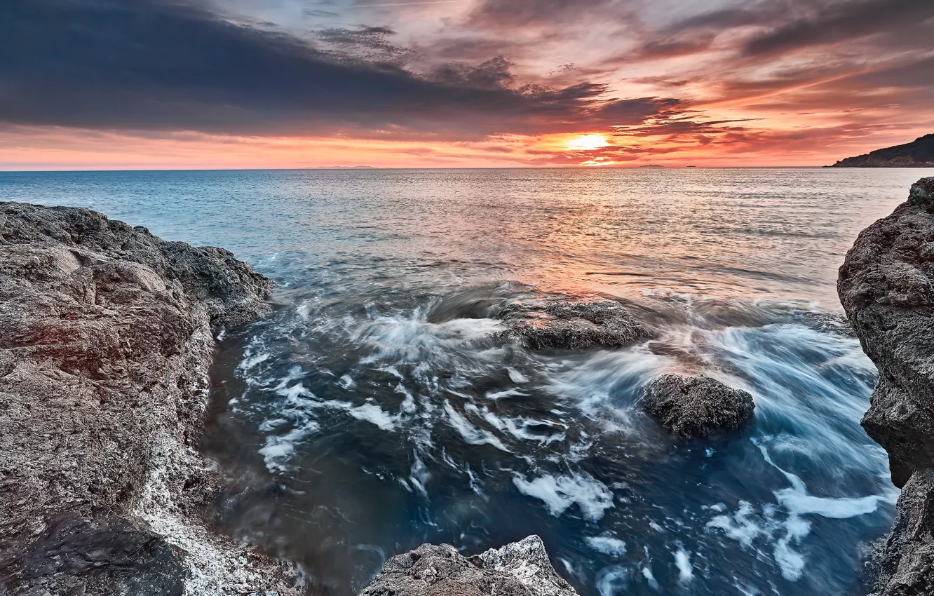 Photo wallpaper sea, wave, the sky, foam, the sun, clouds, landscape, sunset