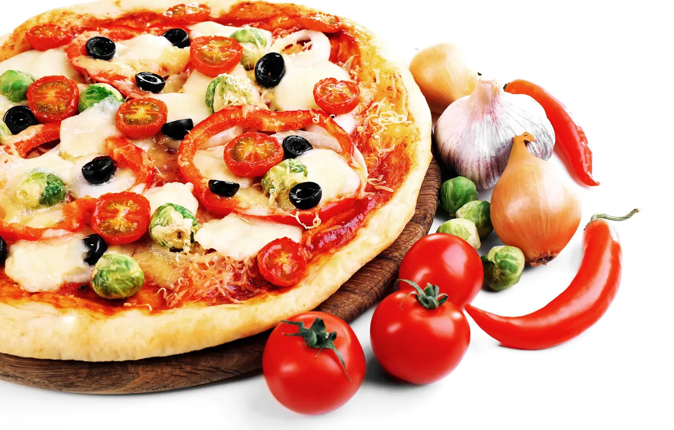 Photo wallpaper cheese, pepper, vegetables, pizza, tomatoes, olives