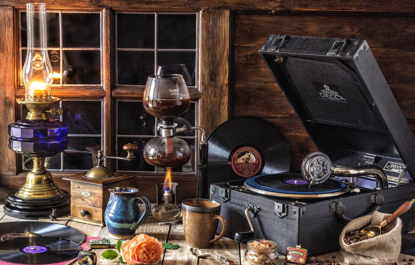 Photo wallpaper rose, lamp, coffee, window, Cup, sugar, the gramophone, records