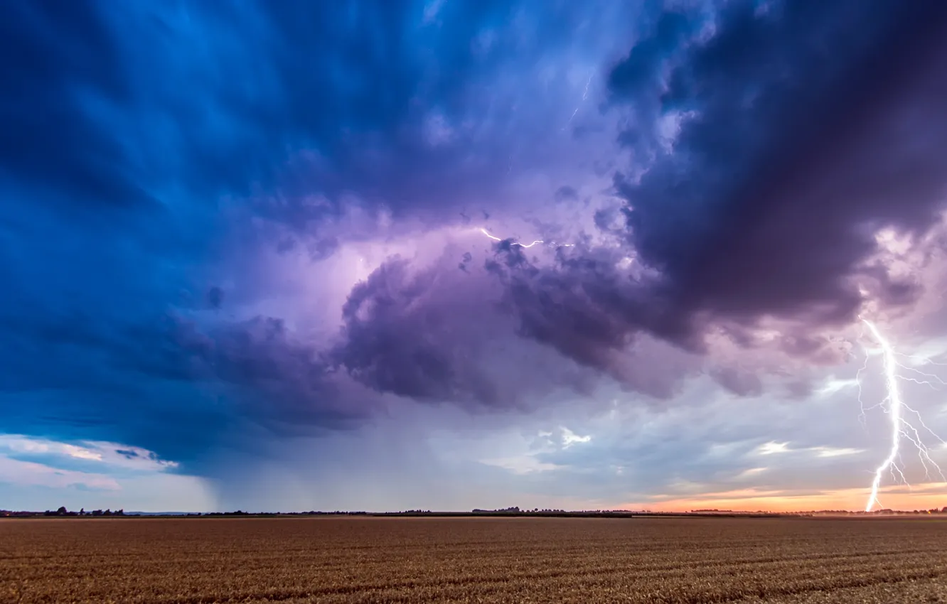 Photo wallpaper the storm, field, landscape, clouds, lightning