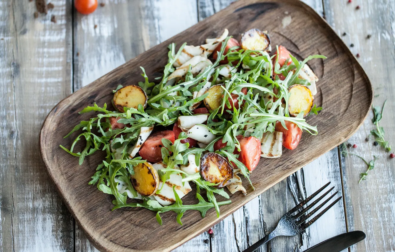 Photo wallpaper greens, tomatoes, salad, squid