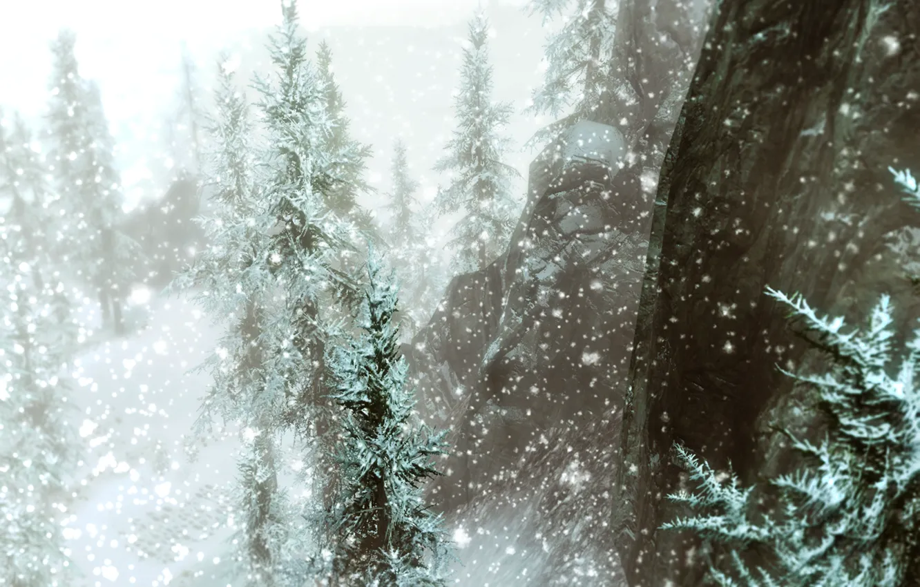 Photo wallpaper snow, trees, mountains, Skyrim