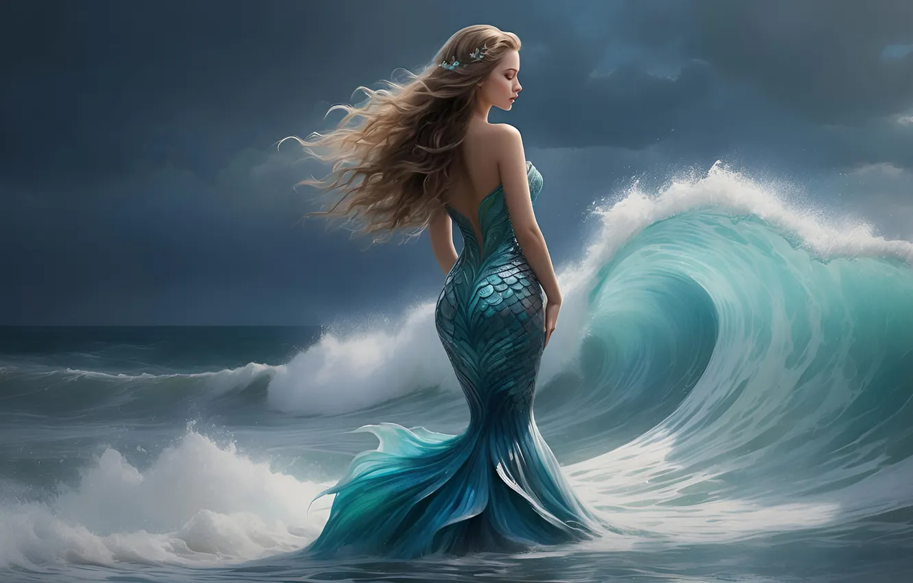Photo wallpaper night, wave, mermaid, bad weather, digital art, digital art, AI art, Stability AI