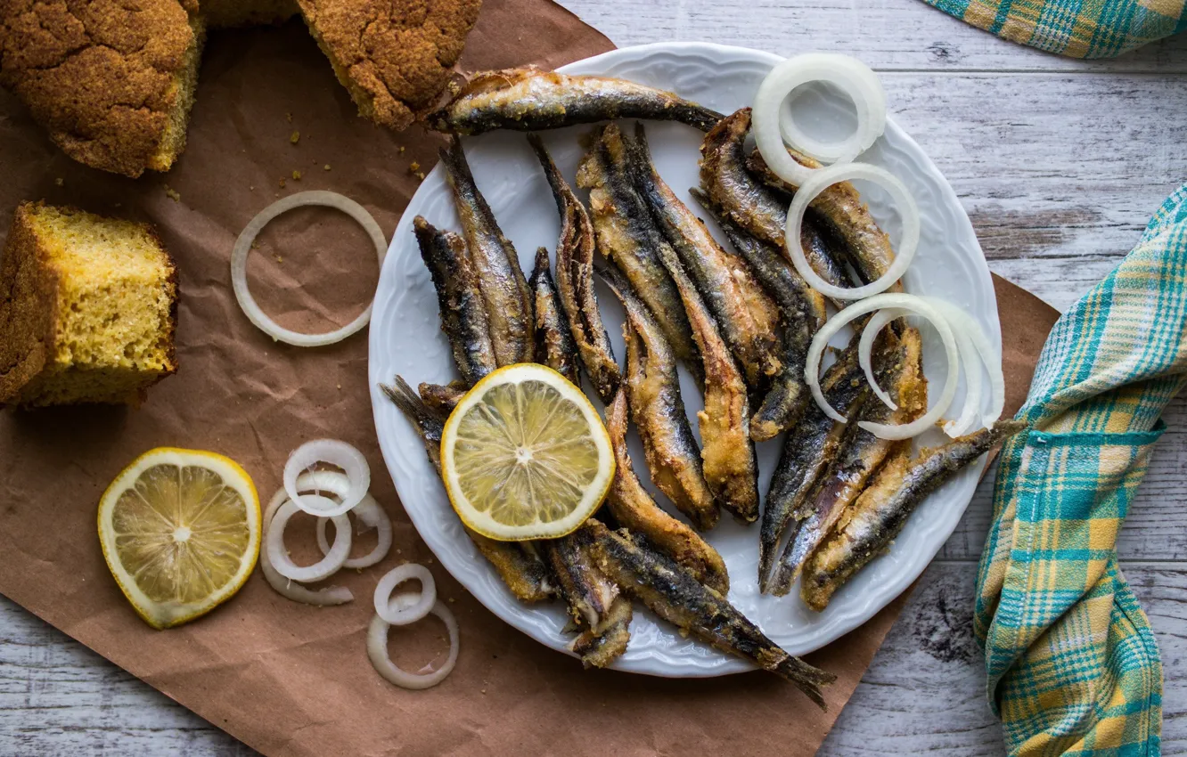 Photo wallpaper onion, Turkish Cuisine, anchovy, corn bread