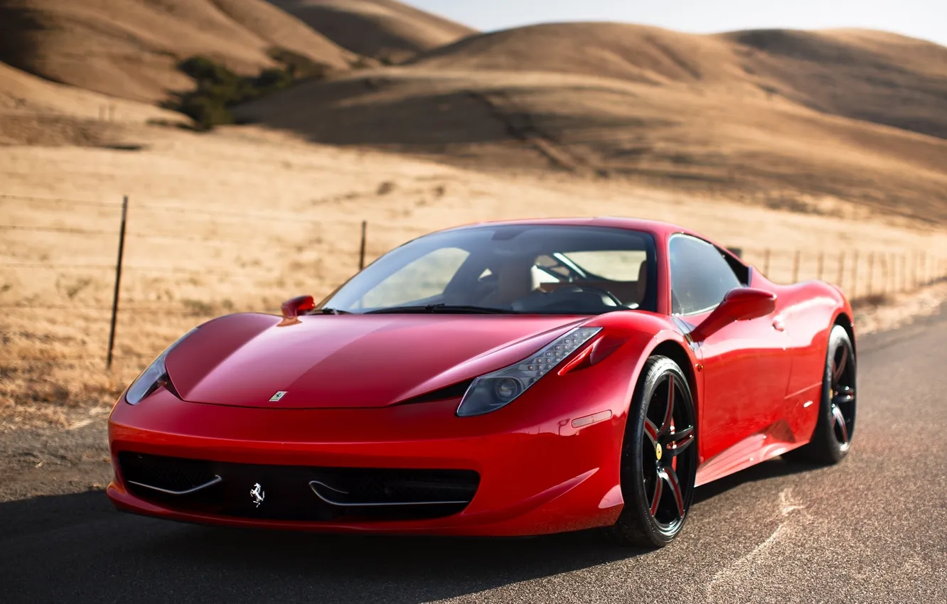 Photo wallpaper mountains, red, reflection, Italy, Ferrari, red, Ferrari, front view