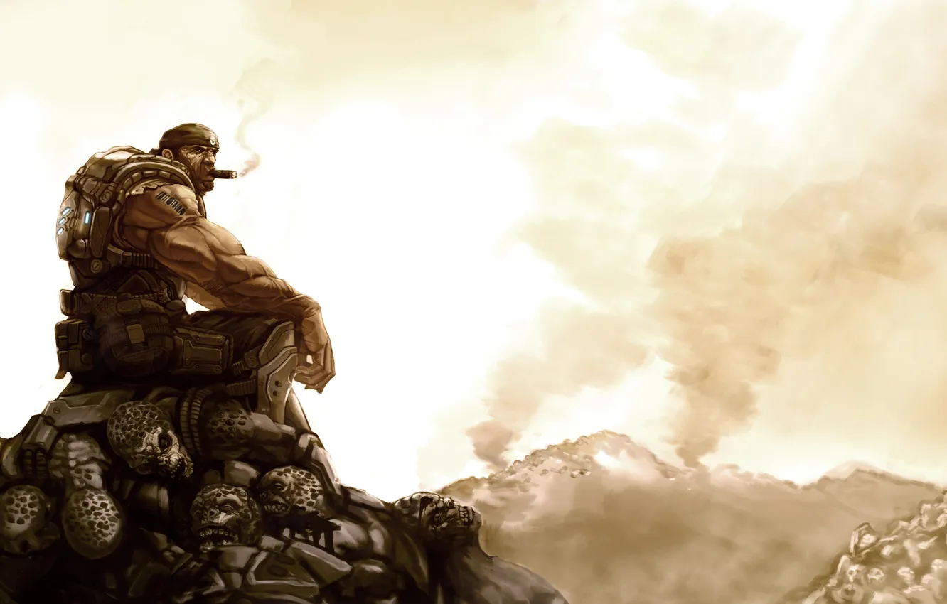 Photo wallpaper art, soldiers, cigar, corpses, Gears of War, marcus fenix