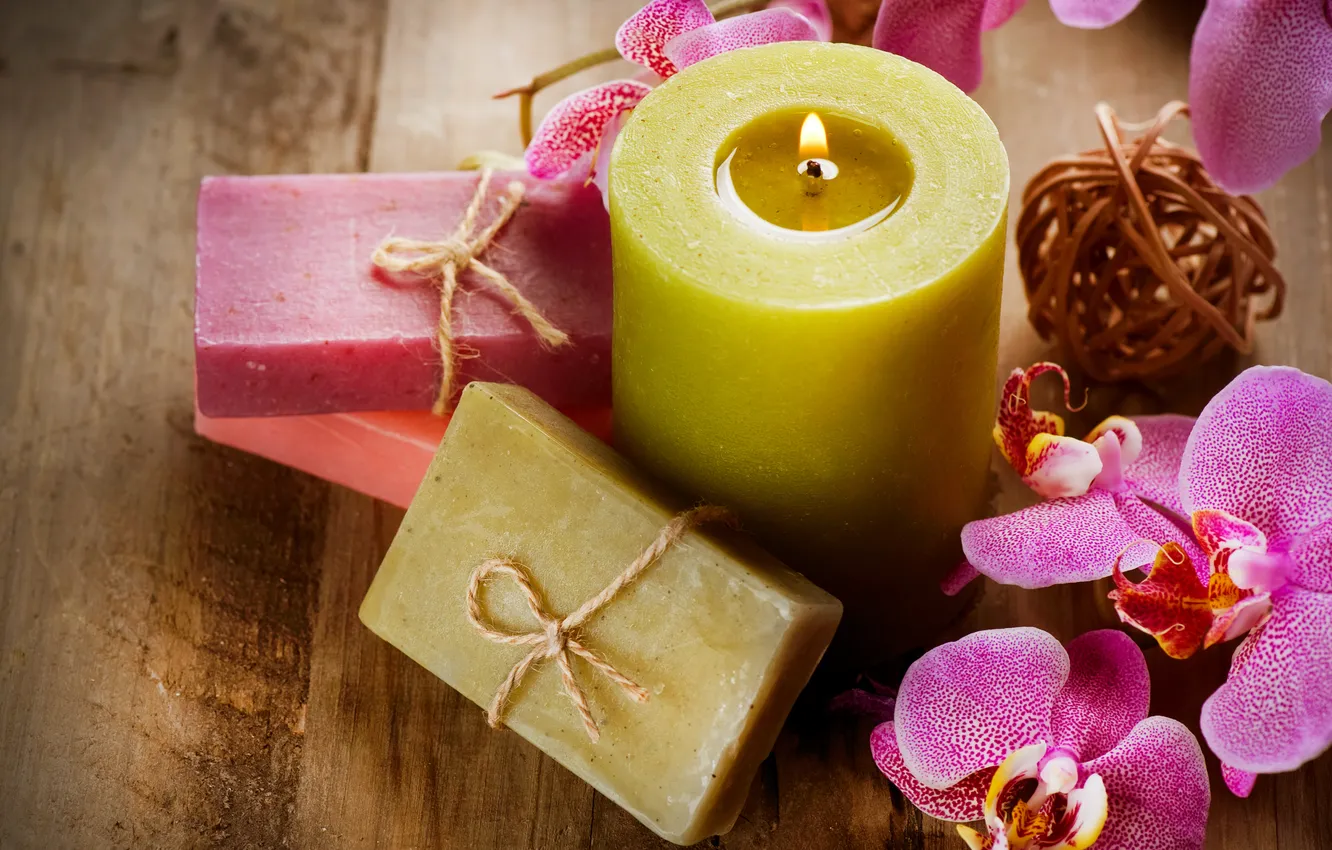 Photo wallpaper flowers, candle, soap, orchids