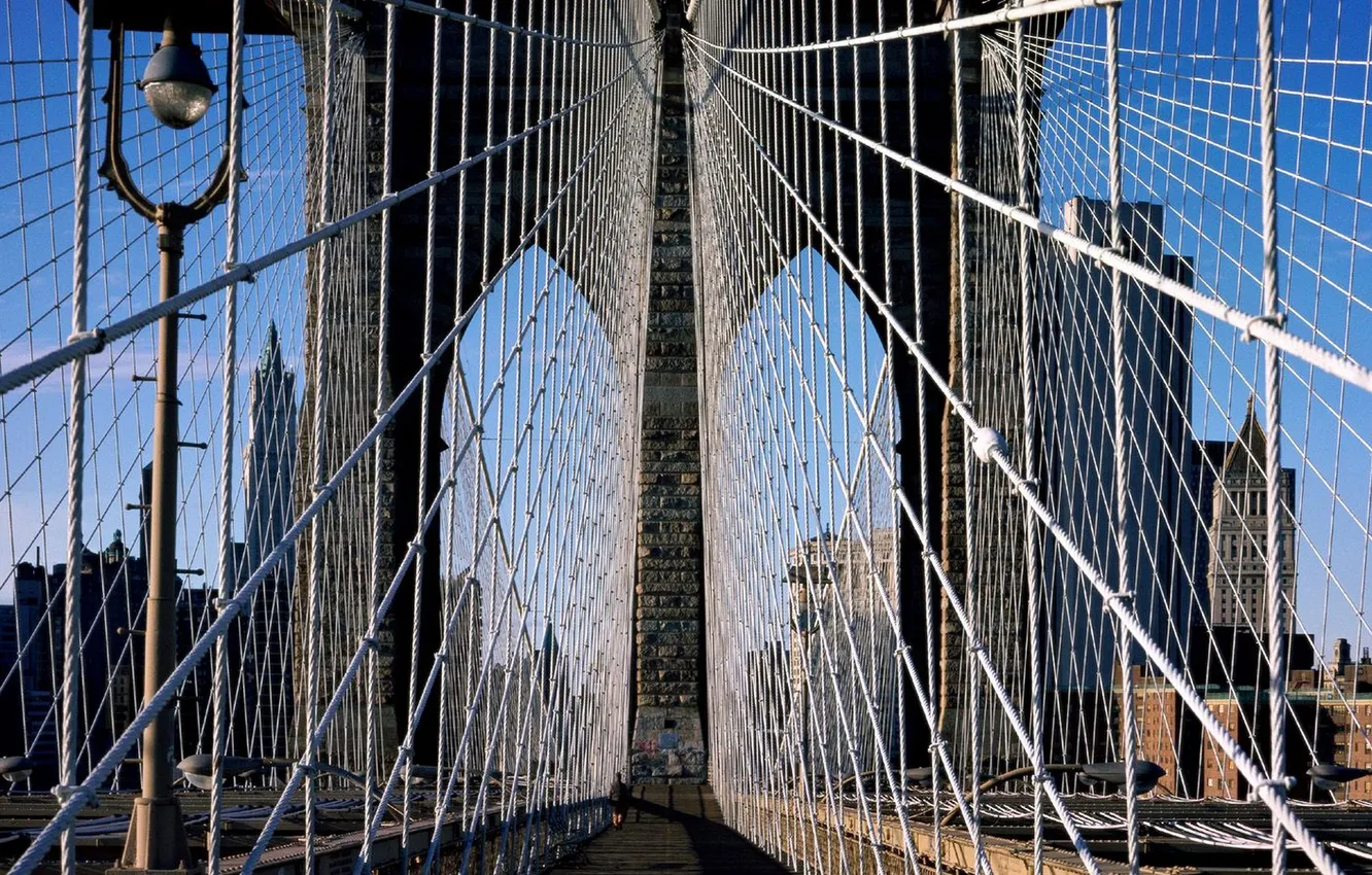Photo wallpaper the sky, skyscraper, home, support, the cable, New York, Brooklyn bridge, brooklyn bridge