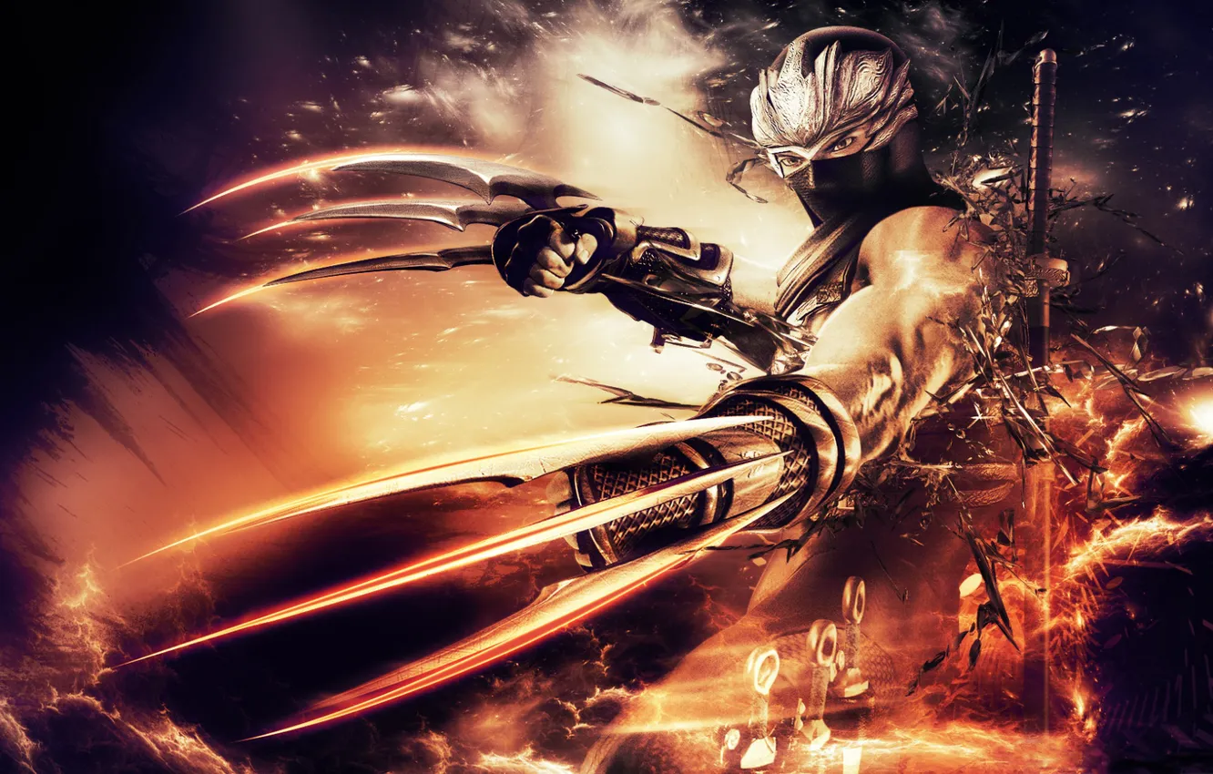 Photo wallpaper fragments, glare, flame, katana, blade, ninja, blade, Ryu Hayabusa