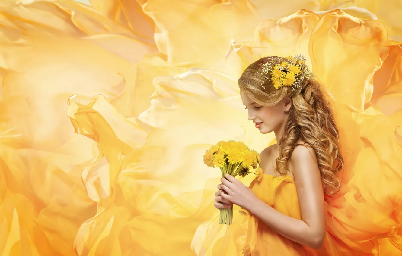 Photo wallpaper yellow, dress, blonde, dandelions