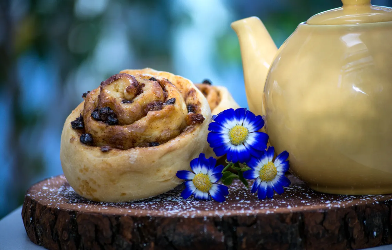Photo wallpaper flowers, kettle, buns