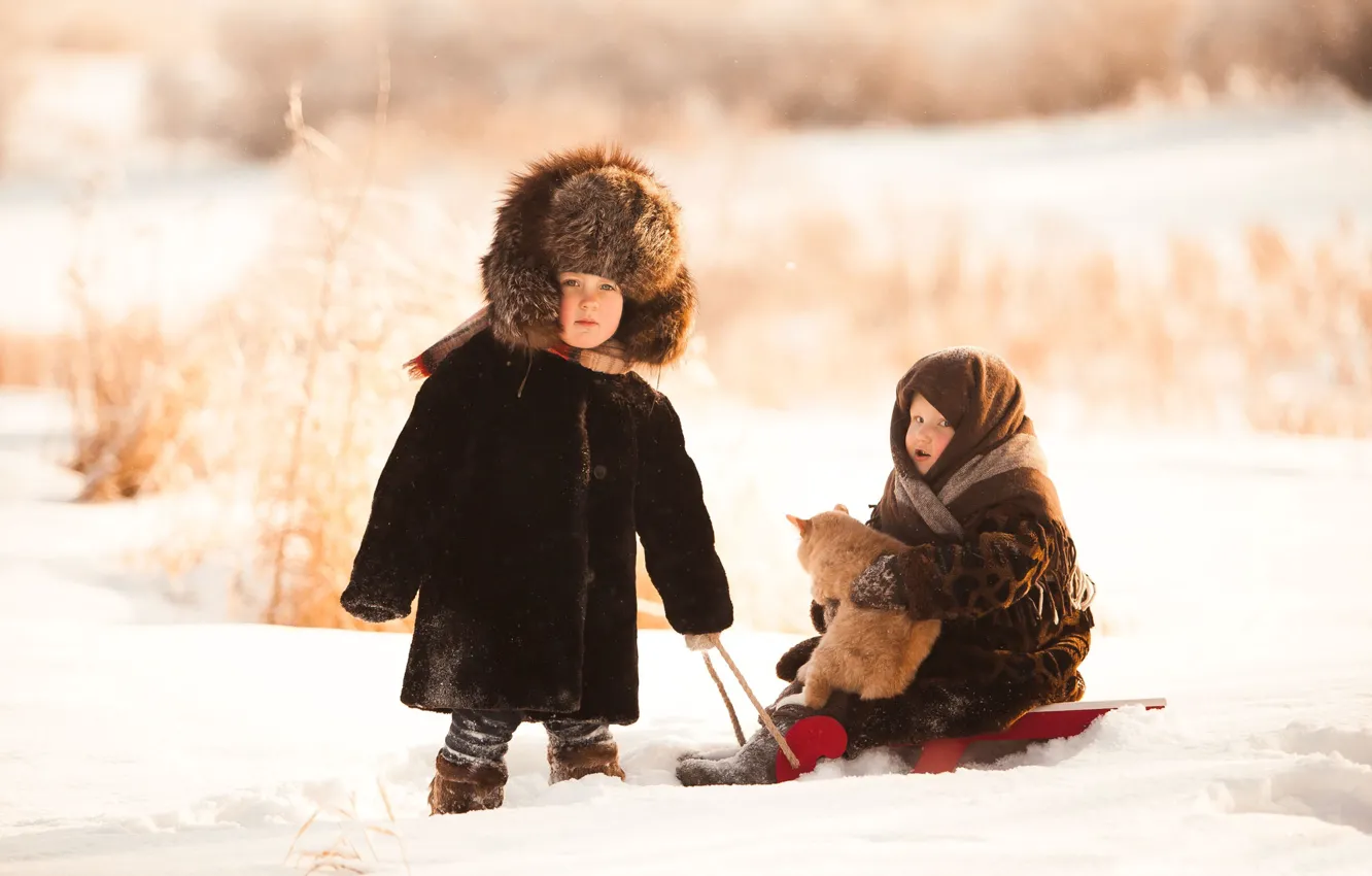 Photo wallpaper winter, cat, snow, hat, boy, girl