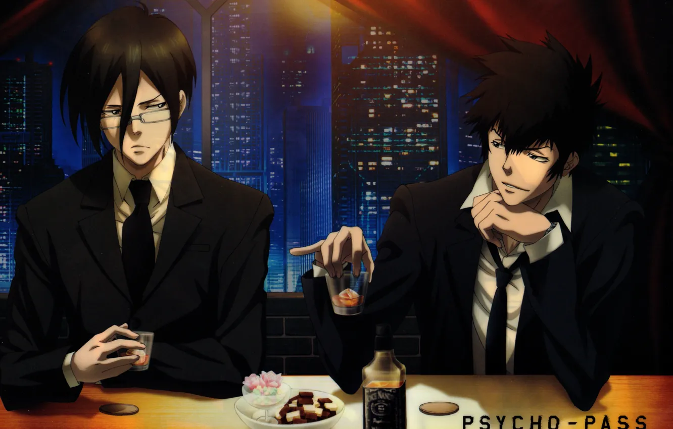 Photo wallpaper night, skyscrapers, bar, glasses, tie, booze, two guys, psycho-pass