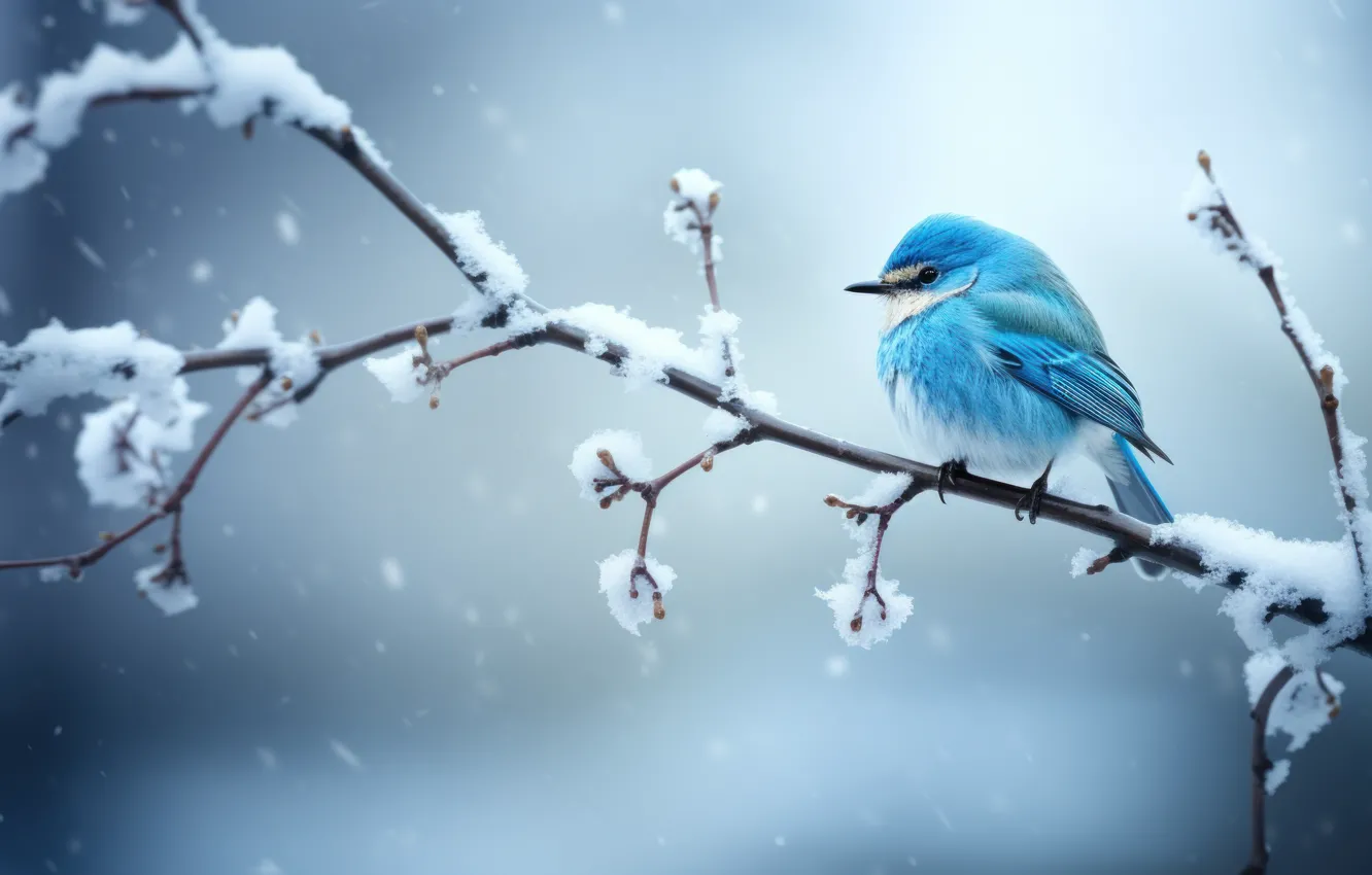 Photo wallpaper winter, snow, branches, bird, bird, mountain, Blue sialia, AI art