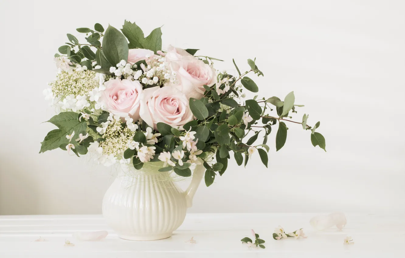 Photo wallpaper flowers, roses, bouquet, vase, Maya Kruchenkova