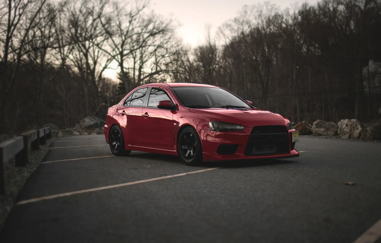 Photo wallpaper red, forest, mitsubishi, lancer, evolution