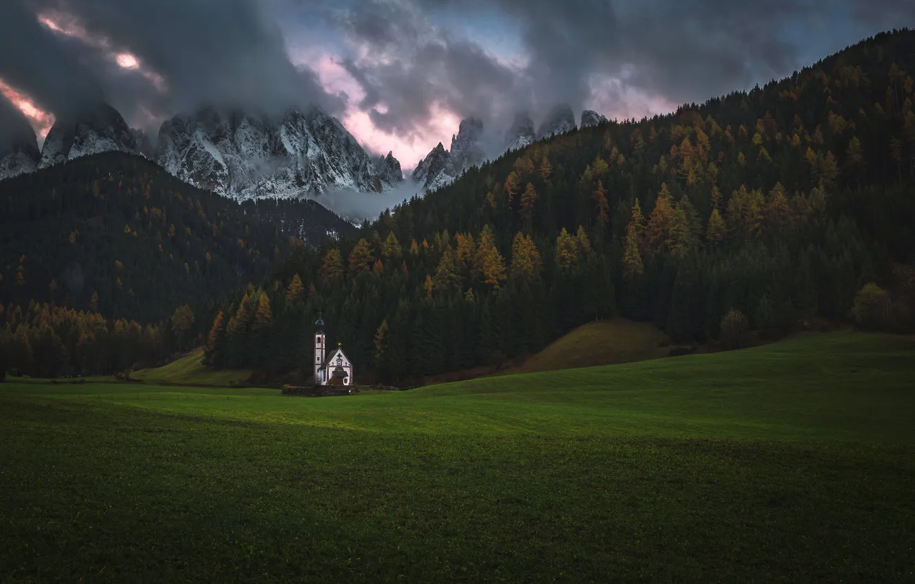 Photo wallpaper field, forest, mountains, Alps, Church