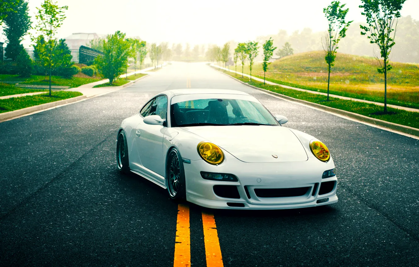 Photo wallpaper 911, Porsche, Nature, Green, GT3, White, Road, Supercar