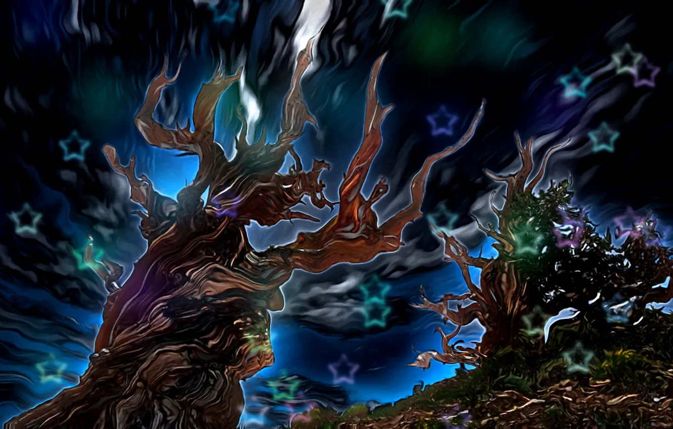Photo wallpaper the sky, stars, abstraction, rendering, glow, fantasy art, fabulous night, gnarled trees