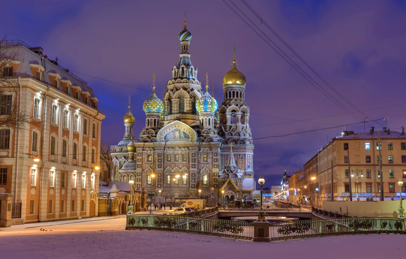 Photo wallpaper lights, home, the evening, lights, Saint Petersburg, Church, channel, temple