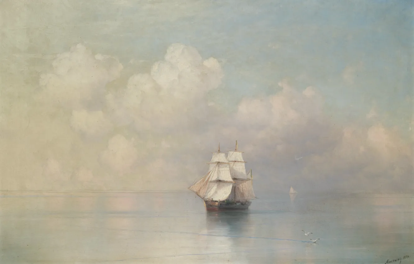 Photo wallpaper ship, picture, sail, seascape, Ivan Aivazovsky, 1884, Calm Sea