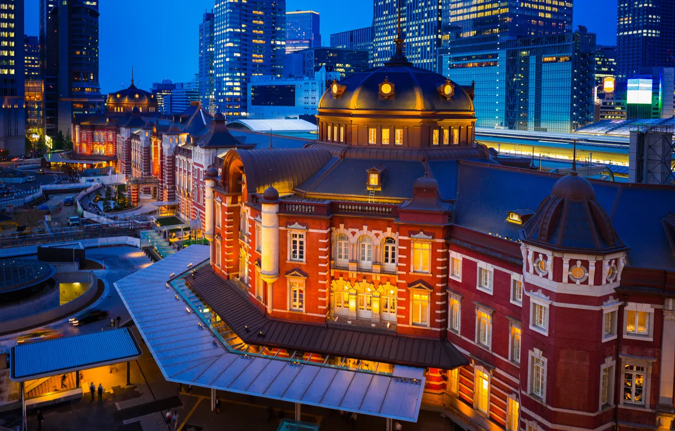Photo wallpaper building, Japan, Tokyo, Tokyo, Japan, night city, Marunouchi, Tokyo Station