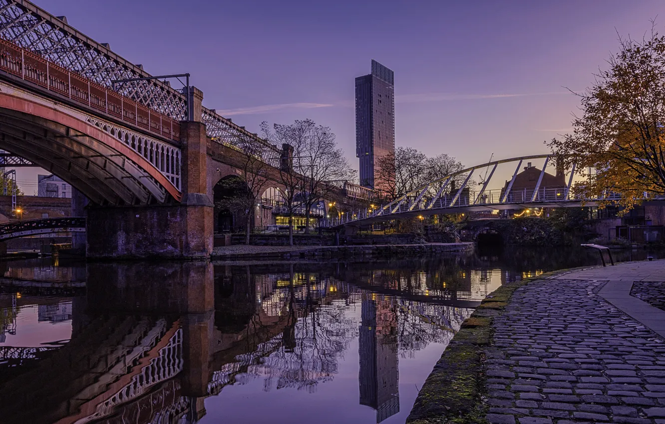 Photo wallpaper bridge, river, England, morning, Manchester